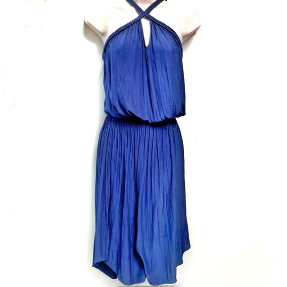 Ramy Brook Navy Mini Dress | High Neck Pleated Cocktail Party Wedding Guest Look - Picture 1 of 16